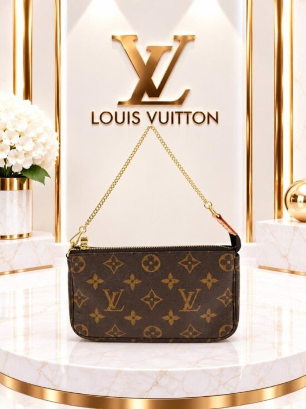 Authentic Louis Vuitton Pochette Accessoires Monogram Canvas Gold Chain Bag